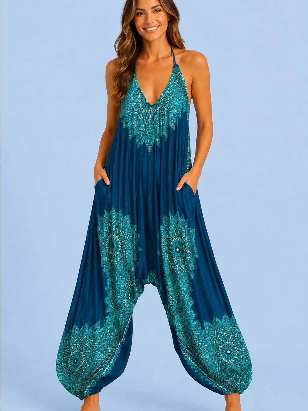 Women’s Blue Teal Halter Jumpsuit
